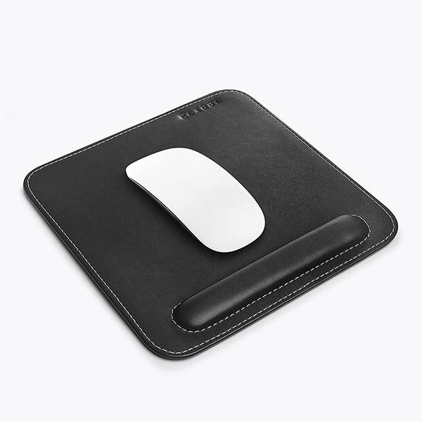 Black Customized Vegan Leather Mouse Pad with Wrist Rest, Non-Slip Backing, Waterproof, Stitched Edge, Handmade, Eco-Friendly