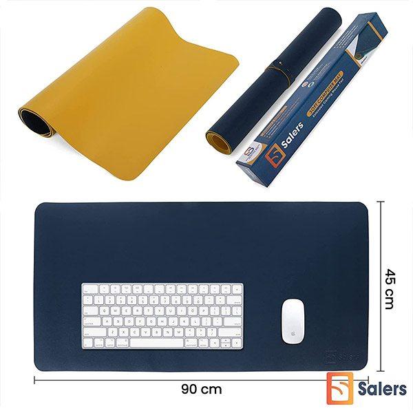 Navy Blue and Yellow Customized Extended Mouse Pad/ Desk Mat / Desk Pad With Pu Leather, For Work From Home, Office & Gaming (Size - 90 x 45 cm )