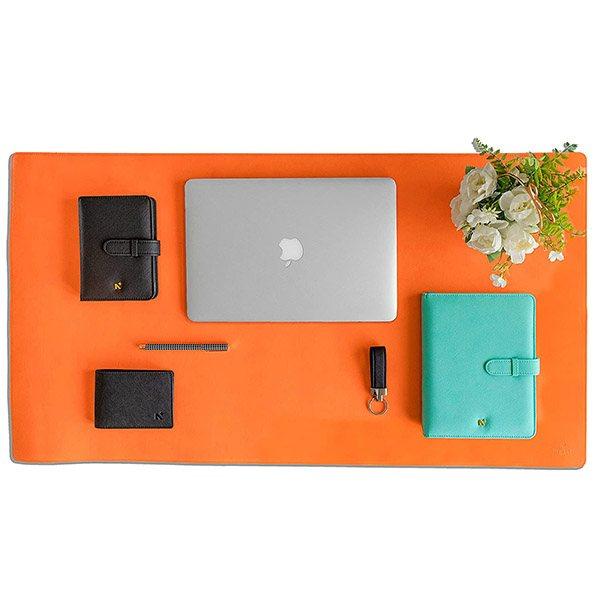 Orange Customized Leather Desk Pad Protector, Mouse Pad, Office Pad, Computer Office Desk Mat, Non-Slip, Reversible, Dual-side Vegan Leather Desk Blotter (Size - 35.4