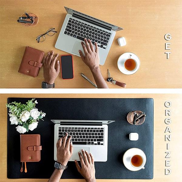 Black Customized Leather Desk Mat Pad Protector, Mouse Pad, Office Pad | Non-Slip | Reversible Dual-side Vegan Leather Desk Blotter, Laptop Game Desk Pad, Waterproof Desk Writing Pad for Office (Size - 35.4