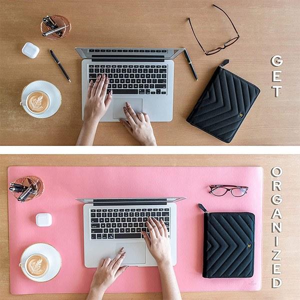 Pink Customized Leather Desk Pad Protector, Mouse Pad, Office Pad, Non-Slip, Reversible, Dual-side Vegan Leather Desk Blotter (Size - 35.4