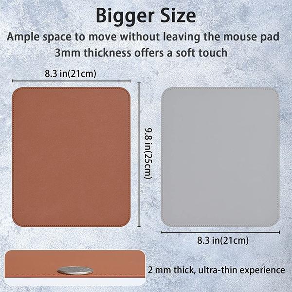 Brown and Grey Customized Mouse Pad, Reversible Dual Color PU Vegan Leather Mouse Mat Waterproof for Wireless Computer Mouse for Office Home Working Anti Fray Edge-Stitched (Size - 25cm x 21cm)