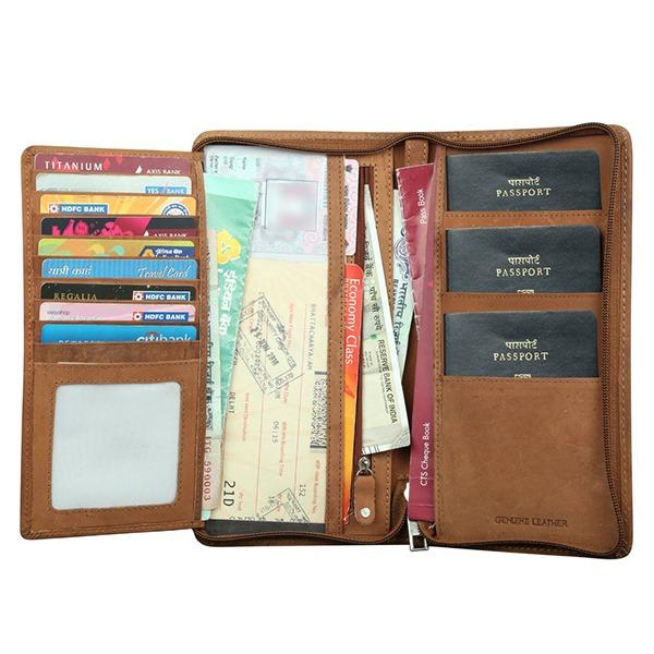 Brown Customized Leather Travel Passport Cover Cum Document Holder / Cheque Holder
