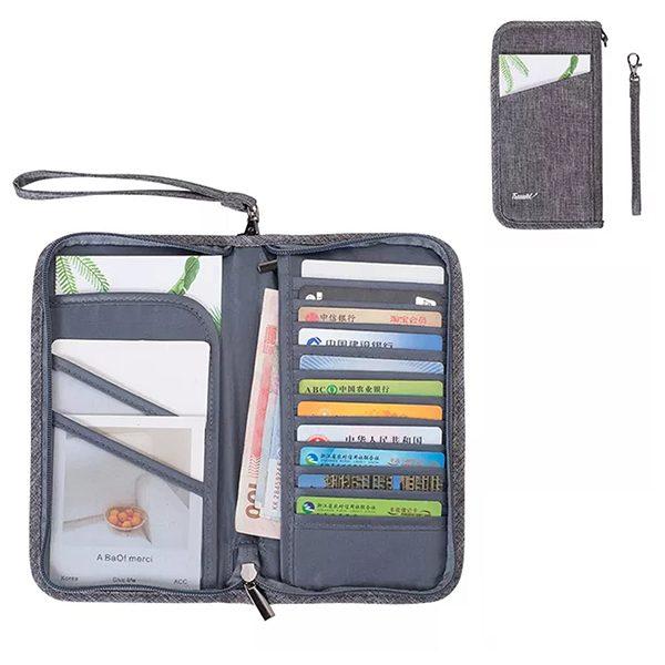 Grey Customized Fabric Passport Wallet Organizer Pouch with Removable Strap