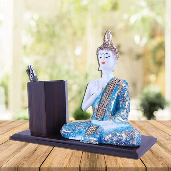 Blue Customized Wooden Pen Stand Holder with Buddha Statue for Home and Office Decor