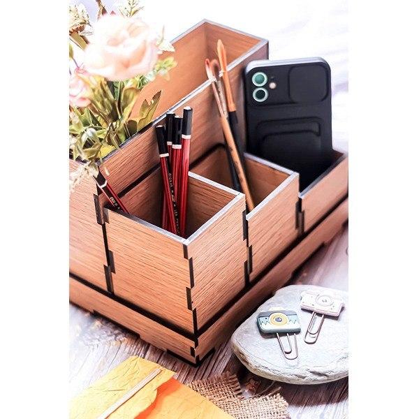 Brown Customized Multipurpose Wooden Desk Organizer | Storage Box | Remote & Pen Stand | Office Stationary Stand - 4 Compartments