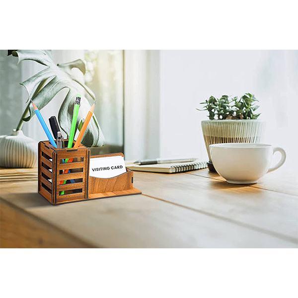 Brown Customized Pen Stand With Visiting Card Holder Desk Organizer Pen And Pencil Stand For Office Table With Business Card Holder Box | Office Stationery Item Made With Wood