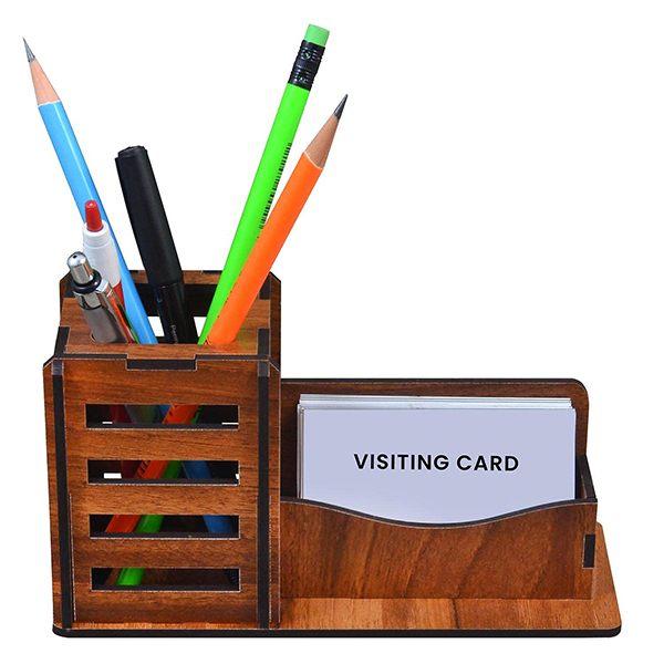 Brown Customized Pen Stand With Visiting Card Holder Desk Organizer Pen And Pencil Stand For Office Table With Business Card Holder Box | Office Stationery Item Made With Wood