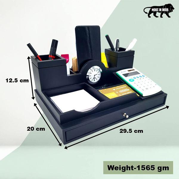 Black Customized Desk Table Organizer, Pen Stand for Office with Clock - Office Table Accessories for Teachers, Doctors, Advocates, Diwali, New Year Corporate Gifts