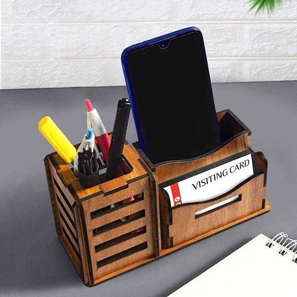 Brown Customized 1 Pen Stand with Visiting Card & Mobile Holder Multipurpose Wooden Desk Organizer