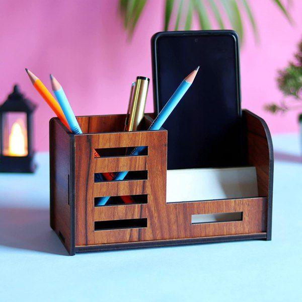 Brown Customized Pen Holder for Table  | Wooden Pen Stand With Mobile and Visiting Card Holder for Office Desk and Study Table
