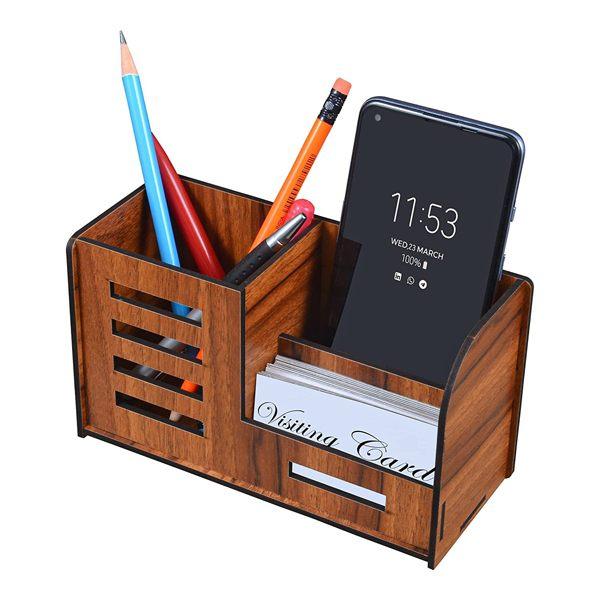 Brown Customized Pen Holder for Table  | Wooden Pen Stand With Mobile and Visiting Card Holder for Office Desk and Study Table