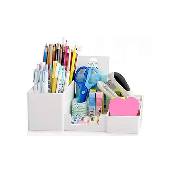 White Customized Desk Organizer with Pencil Holders, Sticky Note, Paperclip Storage I Multi-Functional Office Table Accessories I Stand for Home/Office I 6 Compartment, Plastic