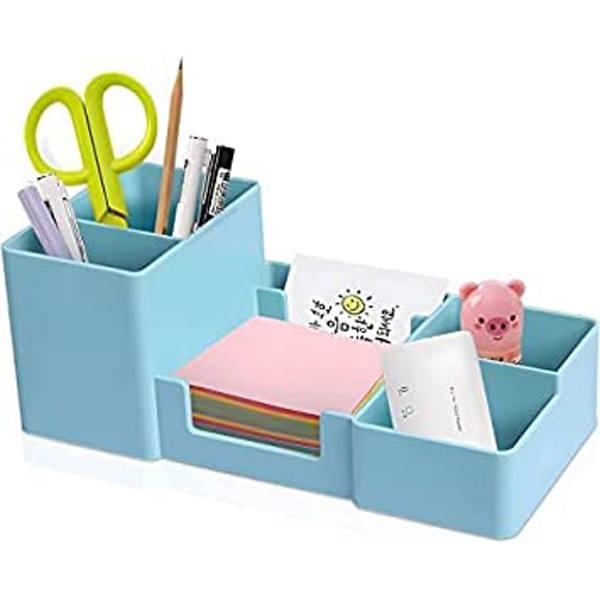 Blue Customized Plastic Desk Organizer I Desktop Organizer With Pencil Holders, Sticky Note Tray, Paperclip Storage I Multi-Functional Office Table Accessories (6 Compartments)