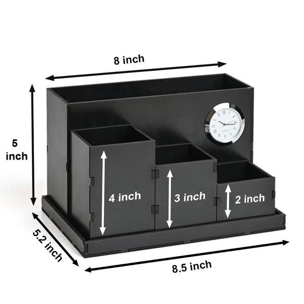 Black Customized Wooden Desk Organizer With Clock, 4 Compartments With Proper Storage Box For All Stationary Items, Unique Corporate Gifts