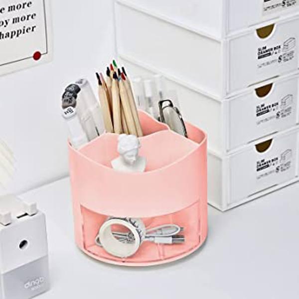 Peach Pink Customized 360 Degree Rotating Pen Pencil Holder/Stand With 4 Compartment And A Drawer For Storing Stationery, Remotes, Cosmetics