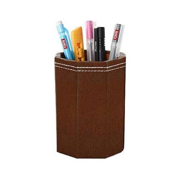 Tan Brown Customized Leather Pen Stand, Hexagonal Pen Pencil Holders, Stylish Desk Organizer for Office Study Table, Pen Tumbler for Reception Desk, Visitor Desk Table Accessories