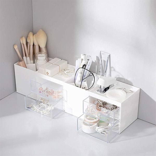 White Customized Multifunction Desk Organiser For Study Table, Makeup Storage Box Organizer With Drawers, Stationary Stand For Pen Pencil Holder