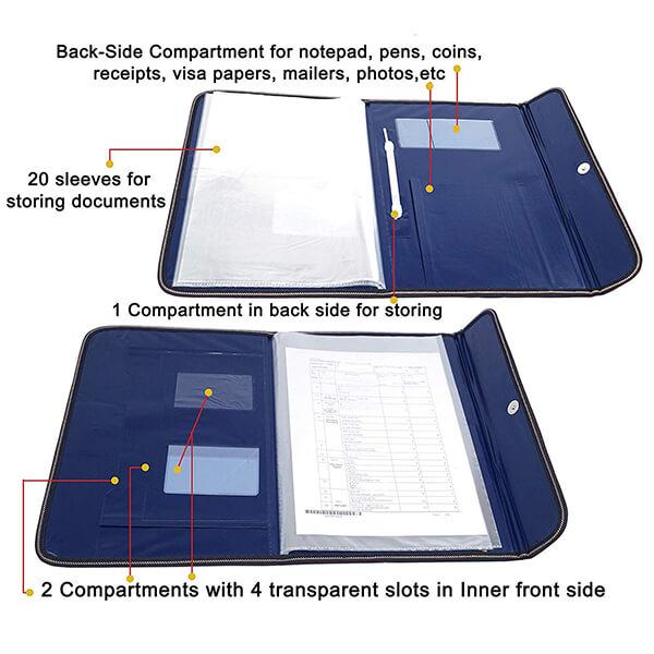 Black Customized PU Leather Multipurpose Document 20 Sleeves File Folder for Certificates, A4 Size