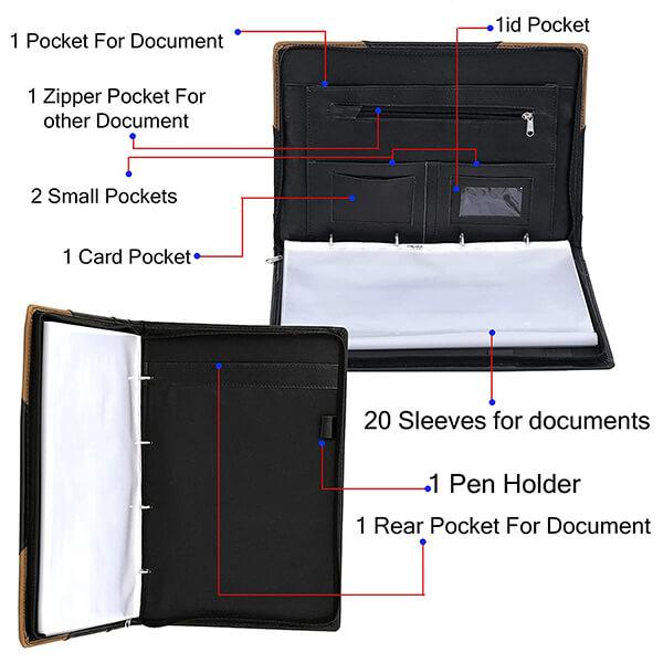 Black Customized PU Leather Executive File Folder for Certificate Professional A4 & Legal Size Document Folder & Certificate Holder (20 Sleeves, 38x3x26 cm)