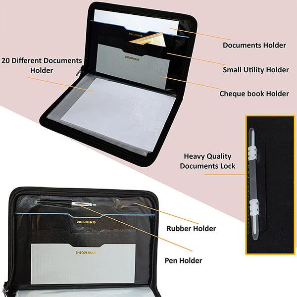 Black Customized Waterproof A4 Multipurpose Size Faux Leather Executive Professional File Folder (20 Leaves)
