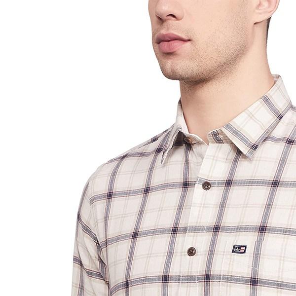 Beige Customized Men's Checkered Slim Checked Shirt