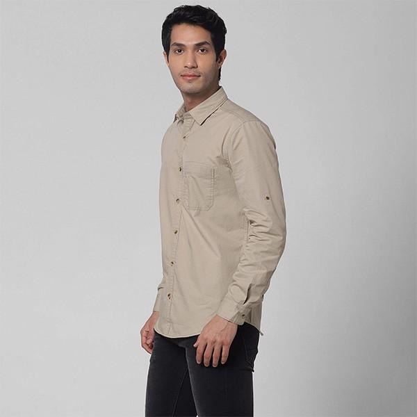 Beige Customized Solid Cotton Slim Fit Men's Shirt