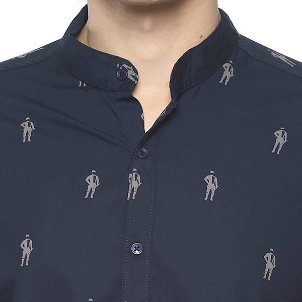 Navy Blue Customized  Men's Printed Slim Fit Cotton Casual Shirt