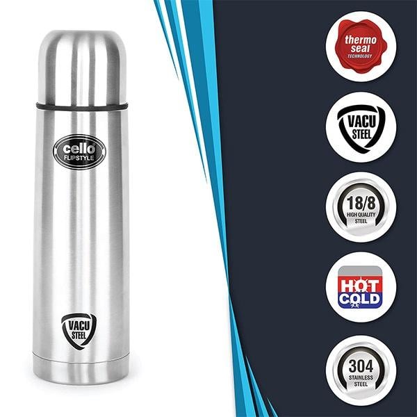 Silver Customized Cello Flip Style Stainless Steel Insulated Flask without Thermal Jacket, 1 Litre