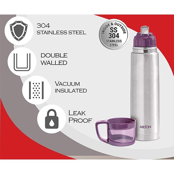 Purple Customized Milton Glassy Thermosteel 24 Hours Hot and Cold Water Bottle with Drinking Cup Lid, 1 Litre