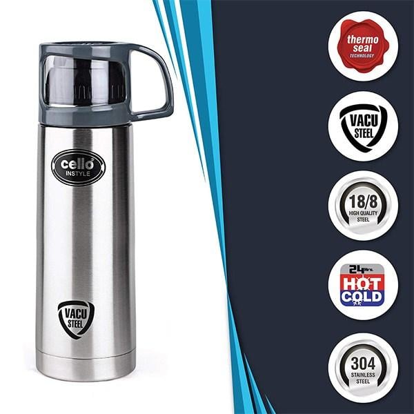 Silver Customized Cello Stainless Steel Double Walled Flask with Thermal Jacket, Hot and Cold (500ml)