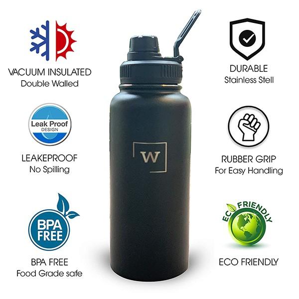 Black Customized Thermos Bottle, Double Wall, Vacuum Insulated Stainless Steel (1 Litre)
