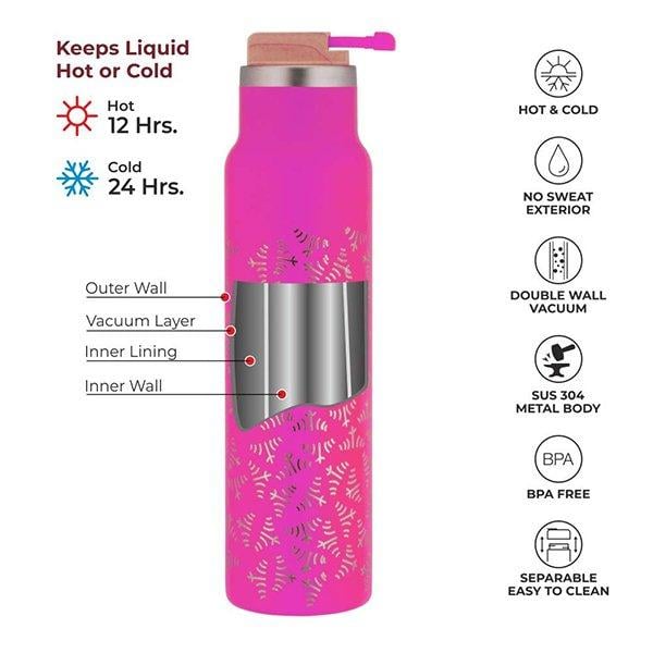 Pink Customized Stainless Steel Double Wall Vacuum Insulated, BPA Free Water Bottle, Sports Thermos Flask 750 ml