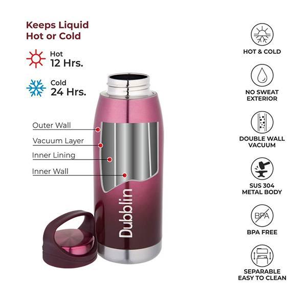 Pink Customized Stainless Steel Double Wall Vacuum Insulated, BPA Free Water Bottle, Sports Thermos Flask Keeps Hot 12 Hours, Cold 24 Hours 500ml