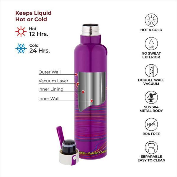 Violet Customized Stainless Steel Double Wall Vacuum Insulated, BPA Free Water Bottle with Anti Skid Bottom & Leak Proof Lid (750 ml)