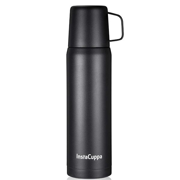 Black Customized Thermos Flask with Stainless Steel Mug and Twist Pour Stopper Screw Lid, Double Walled Vacuum Insulated Beverage Bottle (1 Litre)