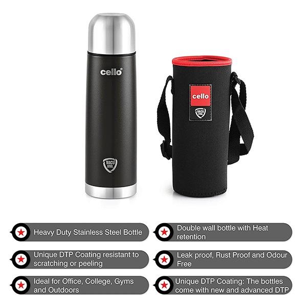 Black Customized Cello Duro Tuff Flip Double Walled Stainless Steel Water Bottle with Durable DTP Coating and Thermal Jacket, (500 ml)