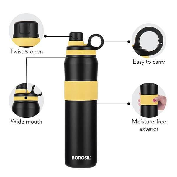 Black & Yellow Borosil Hydra Thirst Burst Water Bottle, Stainless Steel, Vacuum Insulated Flask (800 ml)