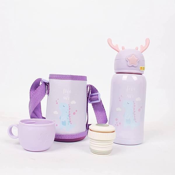 Purple Customized Thermos Steel Bottle for Kids with Sling Pouch (300 ml)