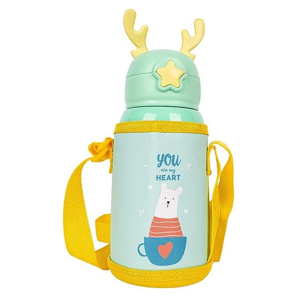 Green Customized Thermos Steel Bottle for Kids with Sling Pouch (300 ml)