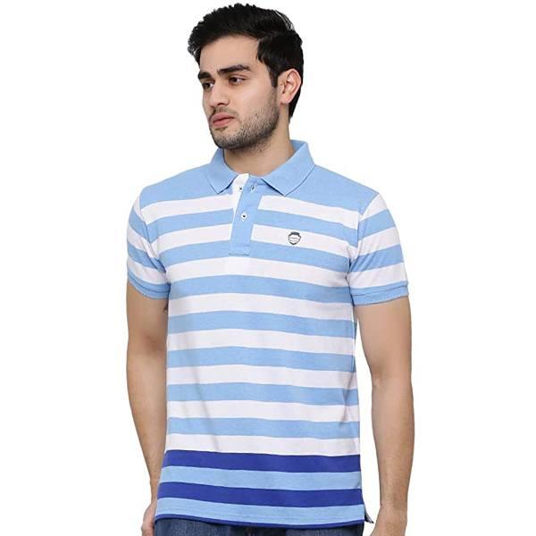 Blue Customized Men's Striped Polo Neck T-Shirt
