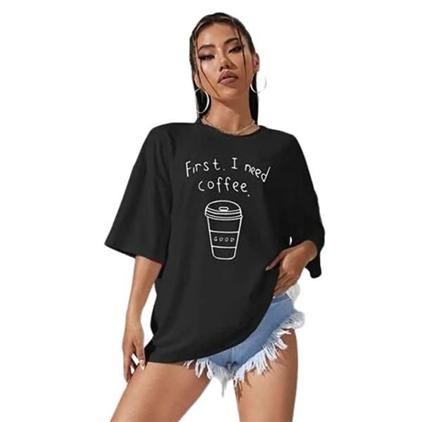 Black Customized Women's Pure Cotton Coffee Graphic Printed Baggy Oversized T-Shirt