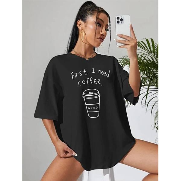 Black Customized Women's Pure Cotton Coffee Graphic Printed Baggy Oversized T-Shirt
