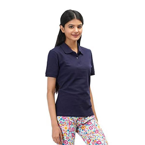 Navy Blue Customized Women's Regular Cotton Polo-Collar Half Sleeve T-Shirt