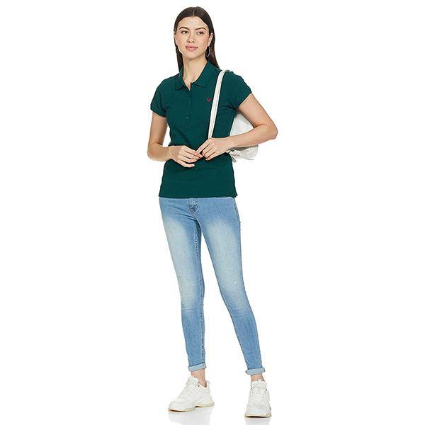 Dark Green Customized Allen Solly Women's Solid Regular Fit Polo T-Shirt
