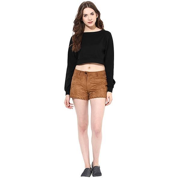 Black Customized Women Super Soft Round Neck Full Sleeves Solid Boxy Crop Top