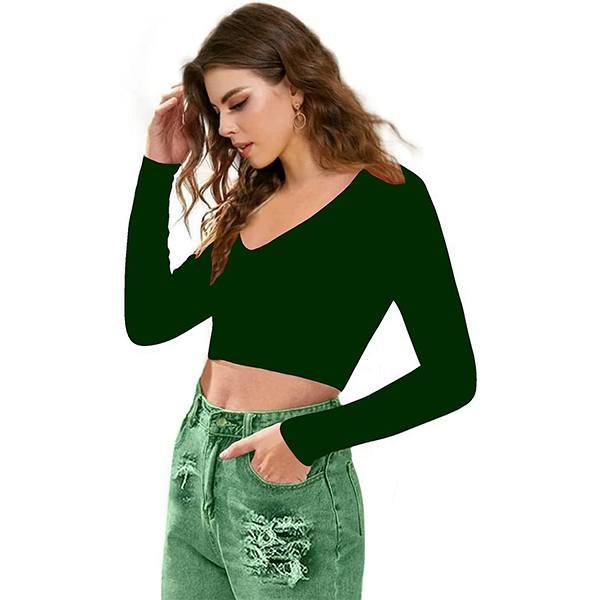 Green Customized Women V-Neck Full Sleeve Crop Top