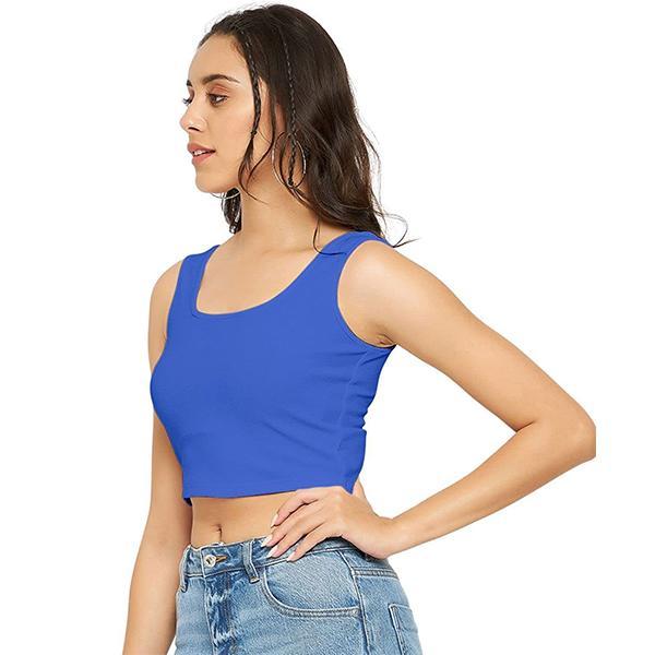 Blue Customized Women Stretchable Round Neck Sleeveless Crop Top