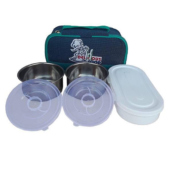 Blue Customized Insulated Thermal Tiffin Lunch Box with 2 Stainless Steel Container & 1 Plastic Box