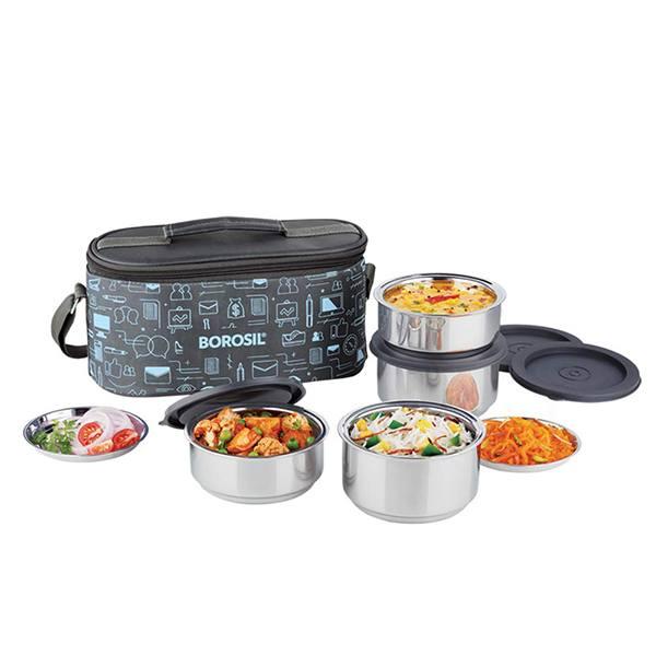 Blue Grey Customized Borosil Stainless Steel Insulated Lunch Box Set of 4 (2pcs 280 ml + 2pcs 180 ml)